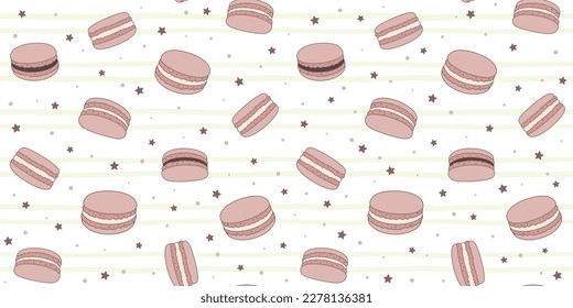 Chocolate macaroons on a striped background with small stars and dots. Endless texture with French sweet pastries. Vector seamless pattern for bakery, pastry shop, sweet shop, confectionery and print