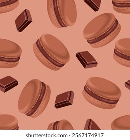 Chocolate macaroons seamless pattern. Dessert background. Vector cartoon illustration of brown macarons.