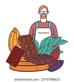 Chocolate maker with cocoa pods and leaves features prominently. Person in apron stands behind chocolate bars. Earthy colors on white background