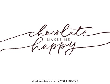 Chocolate makes me happy black line calligraphy. Hand drawn modern vector lettering. Happy Chocolate Day typography poster. Handwritten text isolated on white background. Quote for t-shirt, banner.