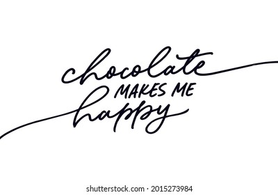 Chocolate makes me happy black line calligraphy. Hand drawn modern vector lettering. Happy Chocolate Day typography poster. Handwritten text isolated on white background. Quote for t-shirt, banner.