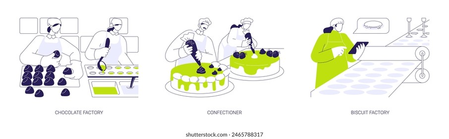 Chocolate making abstract concept vector illustration set. Chocolate factory, confectioner making desserts in the kitchen, biscuit factory, cocoa beans, truffle candies abstract metaphor.