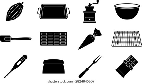 Chocolate making and confectionery tools black icon set for artisan chocolatier and sweet production vector illustration