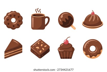 Schokoladenzutaten-Set, Kakaobohnen, Butterblock, Milchkrug, Zuckerschüssel, Whisklöffel, Konditorei-Workshop-Veranstaltung, Backklasse Vektor