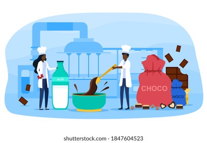 Chocolate making process. Testing, cleaning, sorting of cocoa beans, blending and molding chocolate into bars other molds. Sweet food production cycle for web banner, website page. Vector illustration