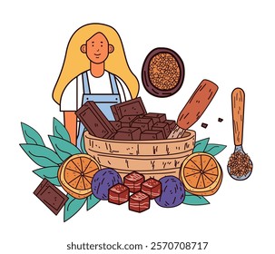 Chocolate making scene woman with ingredients including chocolate bars orange slices and cocoa nibs in a bowl with leaves and utensils colorful