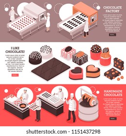 Chocolate manufacture isometric banners with automated factory conveyor lines people at workplace and handmade sweet production vector illustration 