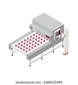 Chocolate manufacture isometric icon with automated factory equipment and worker 3d vector illustration
