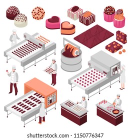 Chocolate Manufacture Isometric Set Of Sweet Food Production Automated Factory Lines And Staff Making Candies Vector Illustration