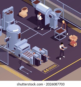 Chocolate Manufacturing Facility Realistic Isometric Element With Operators Controlling Cocoa Beans Processing Candies Forming Machines Vector Illustration