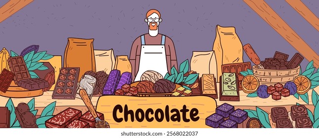 Chocolate market stall with vendor showcasing various chocolate bars truffles cocoa leaves and oranges in a cozy setting. Ideal for website design or banner