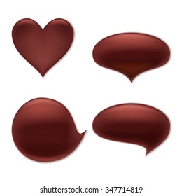 Chocolate melt blot splash stain set.  Heart and round abstract curves forms.