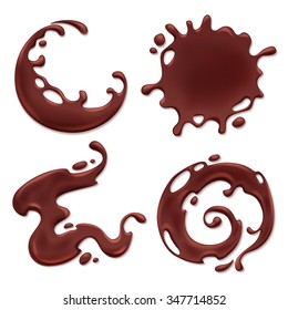 Chocolate melt blot splash stain set. Spiral round and abstract curves forms.