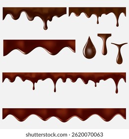 Chocolate melt drip. 3d vector realistic seamless pattern isolated on white