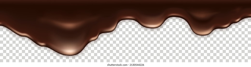 Chocolate melt drip. Wave splash, dark brown flowing liquid texture. Milk chocolate creamy border on transparent background. Abstract vector illustration