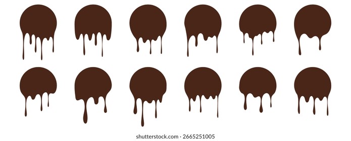 Chocolate melt drips paint circle set. Flowing liquid drips and dynamic paint splashes