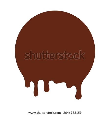 Chocolate melt icon, paint circle drip, chocolate ice cream melt, round liquid caramel splatter isolated on white background. Flow down brown stain border. Simple sweet vector illustration