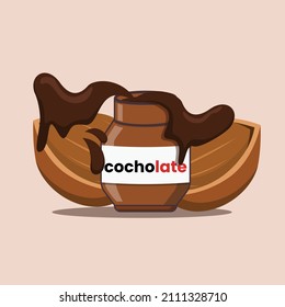Chocolate melted in the bottle and cacao bean. Chocolate day. Vector colorful illustration.