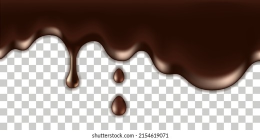 Chocolate melted drip, liquid spill with drops and splash. Milk chocolate texture, flowing cream wave. Dark brown border isolated on transparent background. Vector illustration