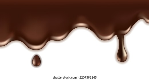 Deriva de chocolate fundida, derrame líquido con gotas y salpicaduras. Textura de chocolate de leche, ola de crema que fluye. Borde marrón oscuro aislado sobre fondo blanco. Ilustración del vector