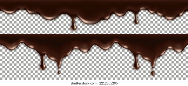 Chocolate melted drip; liquid spill with drops and splash. Milk chocolate texture; flowing cream wave. Dark brown border isolated on transparent background. Vector illustration