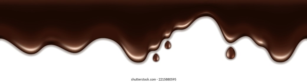 Chocolate melted drip; liquid spill with drops and splash. Milk chocolate texture; flowing cream wave. Dark brown border isolated on white background. Vector illustration