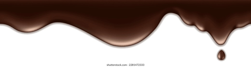 Chocolate melted drip, liquid spill with drops and splash. Milk chocolate texture, flowing cream wave. Dark brown border isolated on white background. Vector illustration