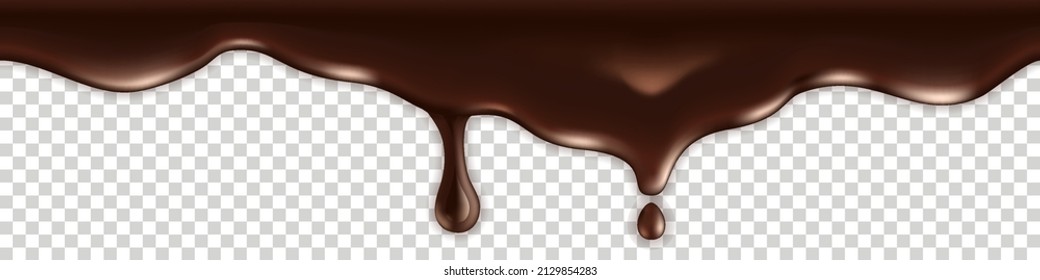 Chocolate melted drip. Milk chocolate liquid texture with wavy splash and drops. Creamy dark brown border iolated on transparent background. Abstract vector illustration