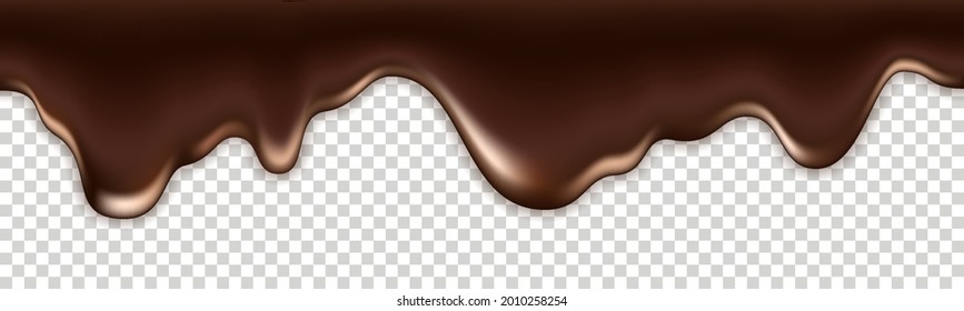 Chocolate melted drip wave. Flowing hot milk chocolate. Dark brown smooth creamy texture, splash dripping dessert glaze. Seamless patern on transparent background. Vector illustration