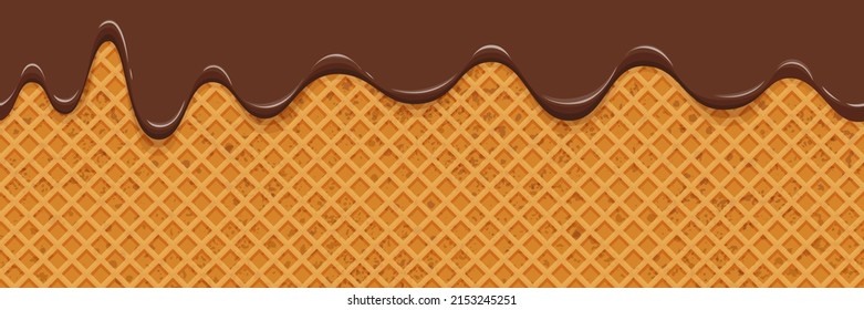 Chocolate melted on waffle background. Seamless pattern sweet ice cream flowing down on cone. Glaze or caramel dripping on wafer texture backdrop. Vector illustration