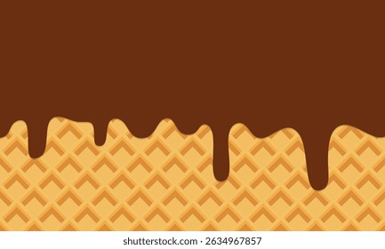 Chocolate derretido sobre fundo waffle. Sorvete doce fluindo no cone. Ilustração de vetor.