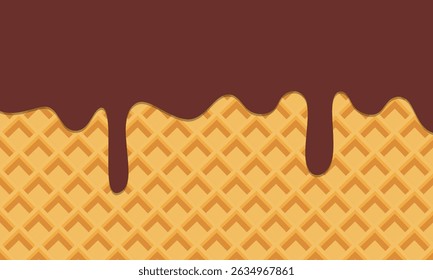 Chocolate melted on waffle background. Sweet ice cream flowing down on cone. Vector Illustration.