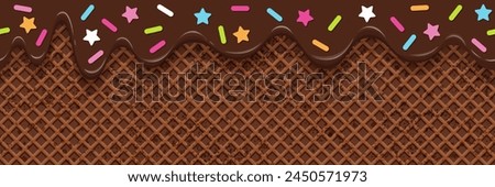 Chocolate melted on a waffle background. Seamless pattern of cake and chocolate wafers texture. Flowing sweet ice cream and colorful sprinkles. Vector illustration