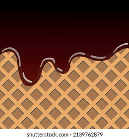 Chocolate melted over wafer pattern. Vector dessert background. Closeup sweet food design. Vector illustration