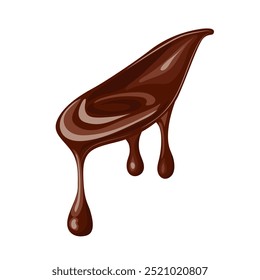 Schokoladenschmelzen in flacher Ausführung. Dunkle Kakaoflüssigkeit mit fallenden Tröpfchen. Vektorgrafik einzeln.