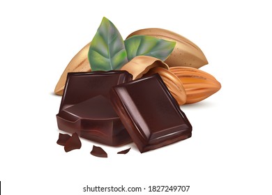 Chocolate in the middle with almonds seed isolated on white background, Vector realistic in 3d illustration.