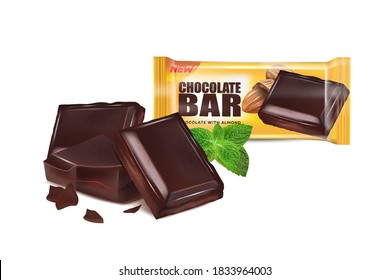Chocolate in the middle with almonds seed and Packaging isolated on white background, Vector realistic in 3d illustration.