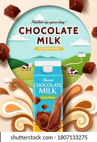 Chocolate milk ad with paper cut farm and splashing milk, 3d illustration