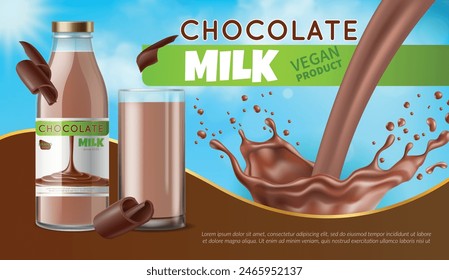 Chocolate milk. Advertising banner with bottle and glass with sweet drink. Cocoa liquid splash and flying drops in motion, confectionery candy beverage, realistic 3d isolated vector concept