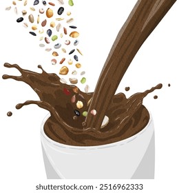 Chocolate milk being poured into a glass with grains and seeds swirling in the mix, creating a rich and textured look. Perfect for food and beverage design, or health-focused products.