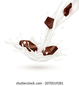 Chocolate milk with blueberry and milk yogurt splashing isolated on white background. Exercises and eat healthy food. Health concept. Realistic 3d vector illustration.