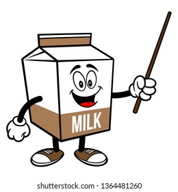 Chocolate Milk Carton Mascot with a Pointer Stick - A cartoon illustration of a Chocolate Milk carton mascot.