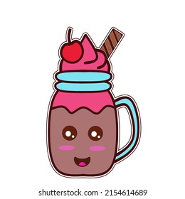 Chocolate milk with cherry and astor topping with transparent or white background. Graphics vector doodle illustrations