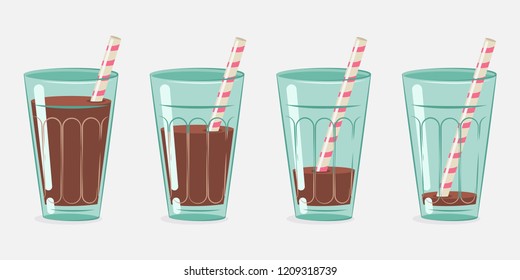 Chocolate milk, cocoa in a glass with a cocktail straw. Vector cartoon set isolated on white background.