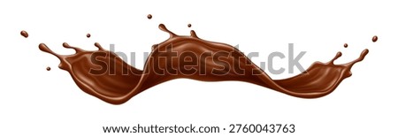 Chocolate milk cream or drink wave splash, brown choco and cocoa flow with smooth curve and droplets mid air. Realistic 3d vector sweet cocoa liquid in motion, fluid dessert food swirl or brown stream
