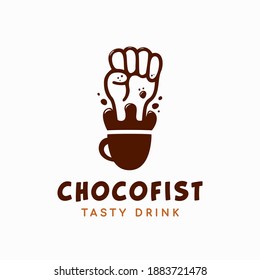 Chocolate milk drink choco fist logo with fist pop up coming from mug glass cup drink icon illustration