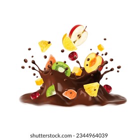 Leche de chocolate bebida corona salpicada de frutas. Aislado vector 3d delicioso flujo de choco con una variedad de kiwi coloridos, uva, manzana y mango. Manzana, melocotón, limón y cerezo