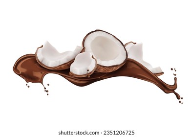 Leche de chocolate salpicada con coco para postre dulce o bebida de choco, fondo vectorial realista. Coco en cacao o leche batida de chocolate con gotas para el batido, el helado o la comida dulce