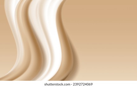 Chocolate with milk fluid splash texture. Cocoa or coffee cream sweet food delicious background. Modern gold and brown waves design.
