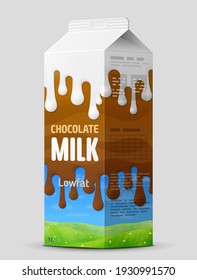 Chocolate milk gable top carton close up. Cow cocoa milk package isolated on gray